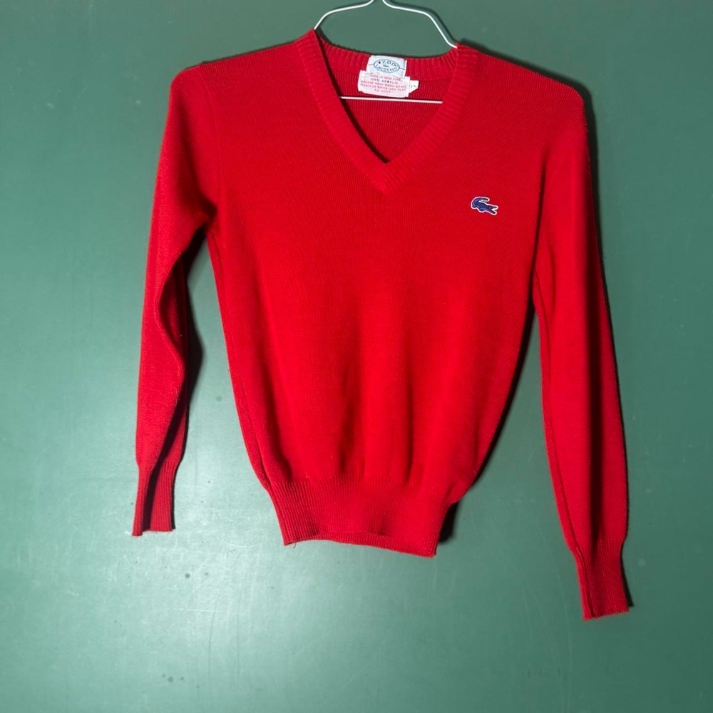 Vintage IZOD Lacoste Red V-Neck Sweater 80s Crocodile Logo Acrylic Size 14